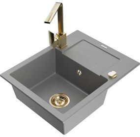 Mexen Enzo, granitový drez 576x465x174 mm, 1-komorový a zlatá batéria Rita, šedá, 6506-71-670300-50