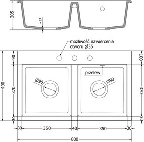 Mexen Hektor dvojkomorový granitový drez 800 x 480 mm, čierny s fľakmi, chrómový sifón - 6521802000-76