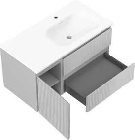 Mexen Rivel, kúpeľňová skrinka 90 cm s pravým umývadlom Vela, 2S, 1D, drážkovaná, sivá matná/biela matná - 91A23-09047-3-BBFFF62-W23P01