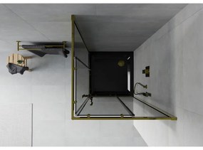 Mexen Rio, štvorcový sprchovací kút s posuvnými dverami 70(dvere) x 70(dvere) x 190 cm, 6mm šedé sklo, zlatý profil + čierna sprchová vanička SLIM, 860-070-070-50-40-4070G