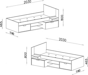 Posteľ s úložnými priestormi Nano, 90x200 cm, dub/grafit