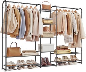 Kovový vešiak na oblečenie s tyčou a policami, matná čierna