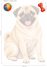 Mops s loptičkou a kosťou realistické textilné nálepky na stenu pre milovníkov mopsov arch 32 x 46 cm