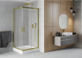 Mexen Rio, štvorcový sprchovací kút s posuvnými dverami 90(dvere) x 90(dvere) x 190 cm, 6mm sklo námraza, zlatý profil + biela sprchová vanička RIO, 860-090-090-50-30-4510