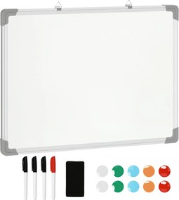 HOMCOM Magnetická biela tabuľa s 4 fixkami, 1 gumou, 10 magnetmi a stojanom na stenu, jednoduché utieranie, 60 x 1,8 x 45 cm | Aosom