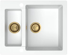 Sink Quality Ferrum, kuchynský granitový drez 605x495x210 mm + zlatý sifón, biela, SKQ-FER.W.5KBO.XG