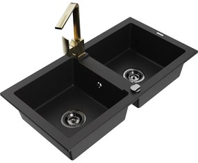 Mexen Mario, granitový drez 820x436x161 mm, 2-komorový, čierna s čiernym sifónom a zlatá drezová batéria Rita, 6504-77-670300-50