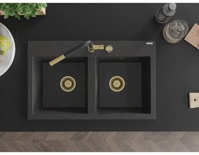 Mexen Hektor, 2-komorový granitový drez 800x480x205 mm, čierna škvrnitá, zlatý sifón, 6521802000-76-G