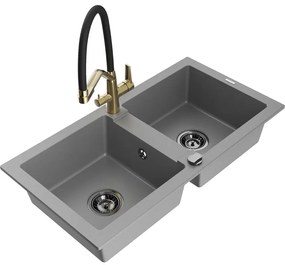 Mexen Mario, granitový drez 820x436x161 mm, 2-komorový a drezová batéria Duo, šedá, 6504-71-671701-57-B