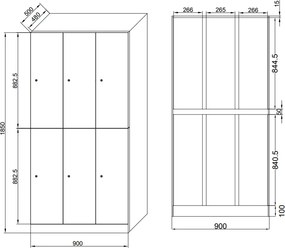 Šatníková skrinka S1 s úložnými boxmi, 6 boxov, 1850 x 900 x 500 mm, zámok s čítačkou RFID kariet, tmavosivé dvere