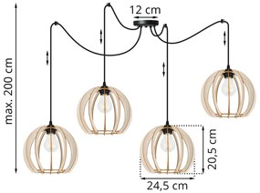 Závesné svietidlo Timber spider 9, 4x drevené tienidlo