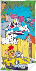 Plážová osuška Tom a Jerry v žltom kabriolete - 100% bavlna, froté s gramážou 300 gr./m² - 70 x 140 cm