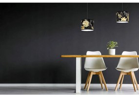 Závesné svietidlo Gold Flowers, 1x čierne textilné tienidlo s kvetinovým vzorom