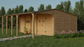 Drevený domček GINKO s terasou (7,7 × 6,45 m), výška stien 2 m