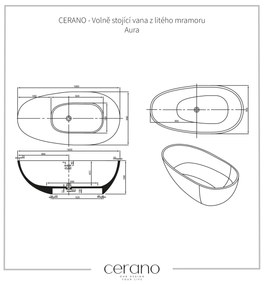 Cerano Aura, voľne stojaca vaňa z liateho mramoru 180x90 cm, biela matná, CER-CER-VELA1050W