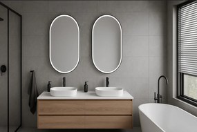Erga Gwen, oválne LED zrkadlo 50x90cm v čiernom kovovom ráme, 3 farby svetla, predné osvetlenie, vyhrievacia podložka proti zapareniu, ERG-V01-GWEN-5090-BK