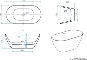 Erga Kaia, voľne stojaca vaňa 140x73 cm + odtoková zátka, biela lesklá, ERG-Kaia-140073-WH-WH