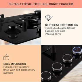 Klarstein Illuminosa 5, plynová varná doska, 5 Sabaf horákov, sklokeramika, čierna