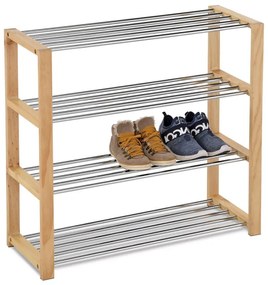 Botník, 4 kovové chromované police, masiv kaučukovník, přírodní odstín a lak