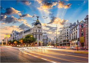 Sklenený obraz - Calle Gran Vía, Madrid, Španielsko (70x50 cm)