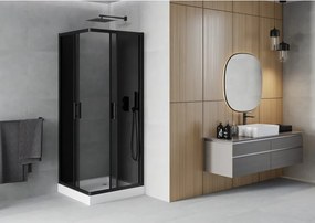 Mexen Rio, štvorcový sprchovací kút s posuvnými dverami 70(dvere) x 70(dvere) x 190 cm, 6mm šedé sklo, čierny profil + biela sprchová vanička RIO, 860-070-070-70-40-4510