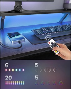 Písací a PC stôl v tvare písmena L so zásuvkami, rohový stôl s LED osvetlením, čierny