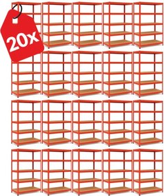 Akcia 20x Regál 180x90x40 cm lakovaný 5-policový, nosnosť 875 kg - červený