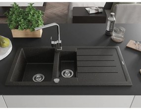 Mexen Andres, granitový drez 1000x500x200 mm, 1,5-komorový, čierna - zlatá metalíza s chrómovým sifónom a chrómová drezová batéria Rita, 6515-75-670300-00