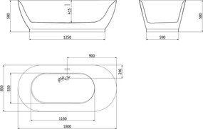 Mexen Roxy, voľne stojaca vaňa 180 x 85 cm, biela-čierna, chrómový prepad, 51201808575-01