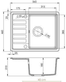 Sink Quality Sapphire, granitový kuchynský drez 565x460x210 mm + zlatý sifón, 1-komorový, biela, SKQ-SAP.W.1KKO.XG