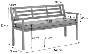 Záhradná lavička HWC-N47, 82x145x59 cm, akáciové drevo - sivý vankúš