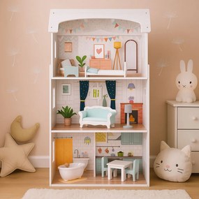 ECOTOYS Domček pre bábiky Alice z MDF, 3 poschodia, 4 izby, 9 dielov nábytku, pre deti 3+