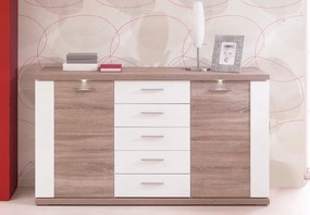 Široká komoda Caracas typ 21, dub/biely lesk, s osvetlením