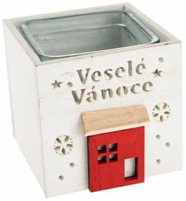 Drevený svietnik so sklom Veselé Vianoce, 9 x 8,5 cm, biela
