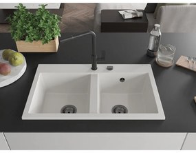 Mexen Hektor, 2-komorový granitový drez 800x480x205 mm, biela, grafitový sifón, 6521802000-20-B