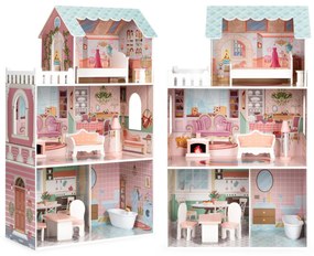 Drevený domček pre bábiky ECOTOYS: BARBIE s nábytkom ružový