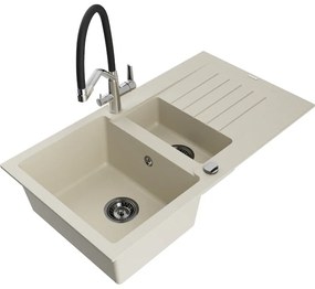Mexen Matias, 1,5-komorový granitový drez 900x505x200 mm a drezová batéria Duo, béžová, 6502-69-671701-07-B