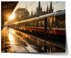 Sablio Plagát Vlak na stanici pri východe slnka - 90x60 cm