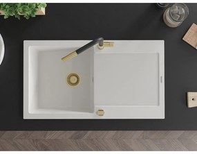 Mexen Leo, 1-komorový granitový drez 900x500x190 mm a drezová batéria Flora, biela, 6501-20-670401-57-G