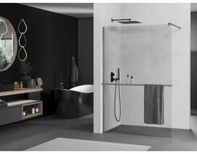 Mexen Kioto+, sprchová zástena Walk-In s poličkou a vešiakom 100 x 200 cm, 8mm číre sklo, grafitový profil, 800-100-121-66-00