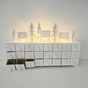 Drevený adventný kalendár LED, 37,5 × 8 × 23 cm, biely, 2× AA