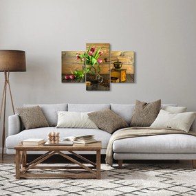 Obraz - tulipány, mlynček a káva (90x60 cm)