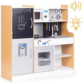 Detská kuchynka so zvukom a LED tabuľou kovové doplnky MDF +3 roky ECOTOYS