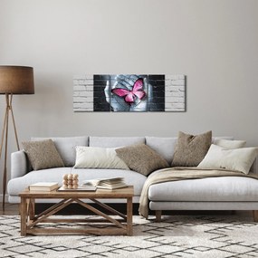 Obraz - Ružový motýľ v stene (s hodinami) (90x30 cm)