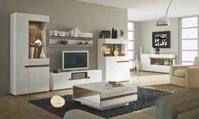 Vysoká vitrína Linate, biely lesk/dub, ľavé dvere