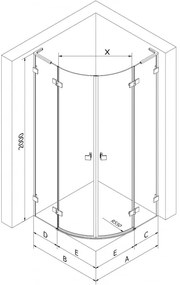 Mexen Lunar, L pravý polkruhový sprchový kút 80 x 70 cm, 8mm číre sklo, čierny profil, 833L-080P-070L-70-00