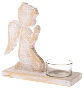 Drevený sa modliaci anjel svietnik bielený prírodný 15x15,5x6 cm