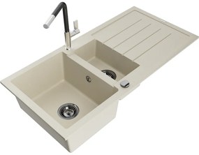 Mexen Andres, 1,5-komorový granitový drez 1000x500x200 mm a drezová batéria Flora, béžová, 6515-69-670401-07-B