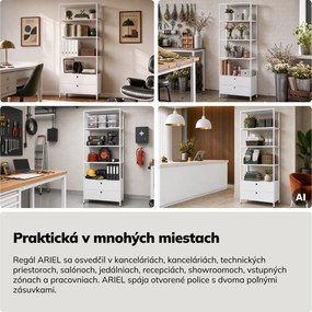 Regaál so zásuvkami do kancelárie, na zakladače a dokumenty, otvorené police, kovový, biely, 800x2200x400 mm: ARIEL