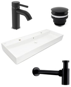 Kúpeľňový set závesného umývadla Infinitio 120,4 cm, pákové batérie Kalva, sifónu a uzatvárateľného vtoku ISSET7